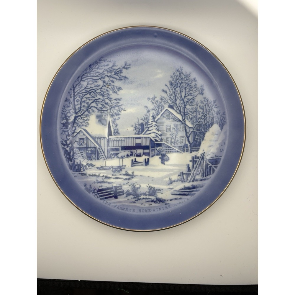 Currier & Ives The Farmer's Home Winter Blue White Decorative Plate 8.25" Japan